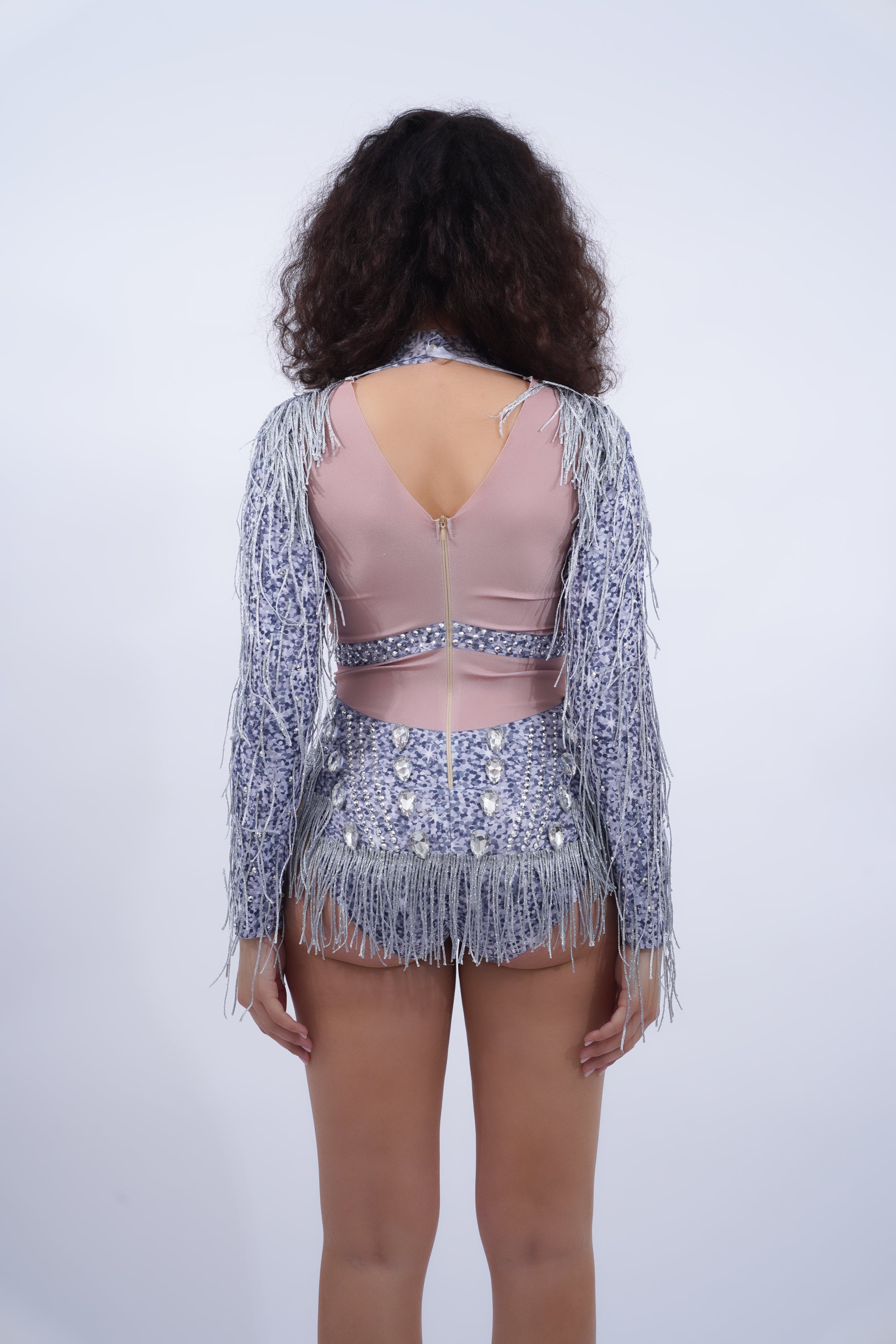 Silver Fringe Diamond High Neck Costume