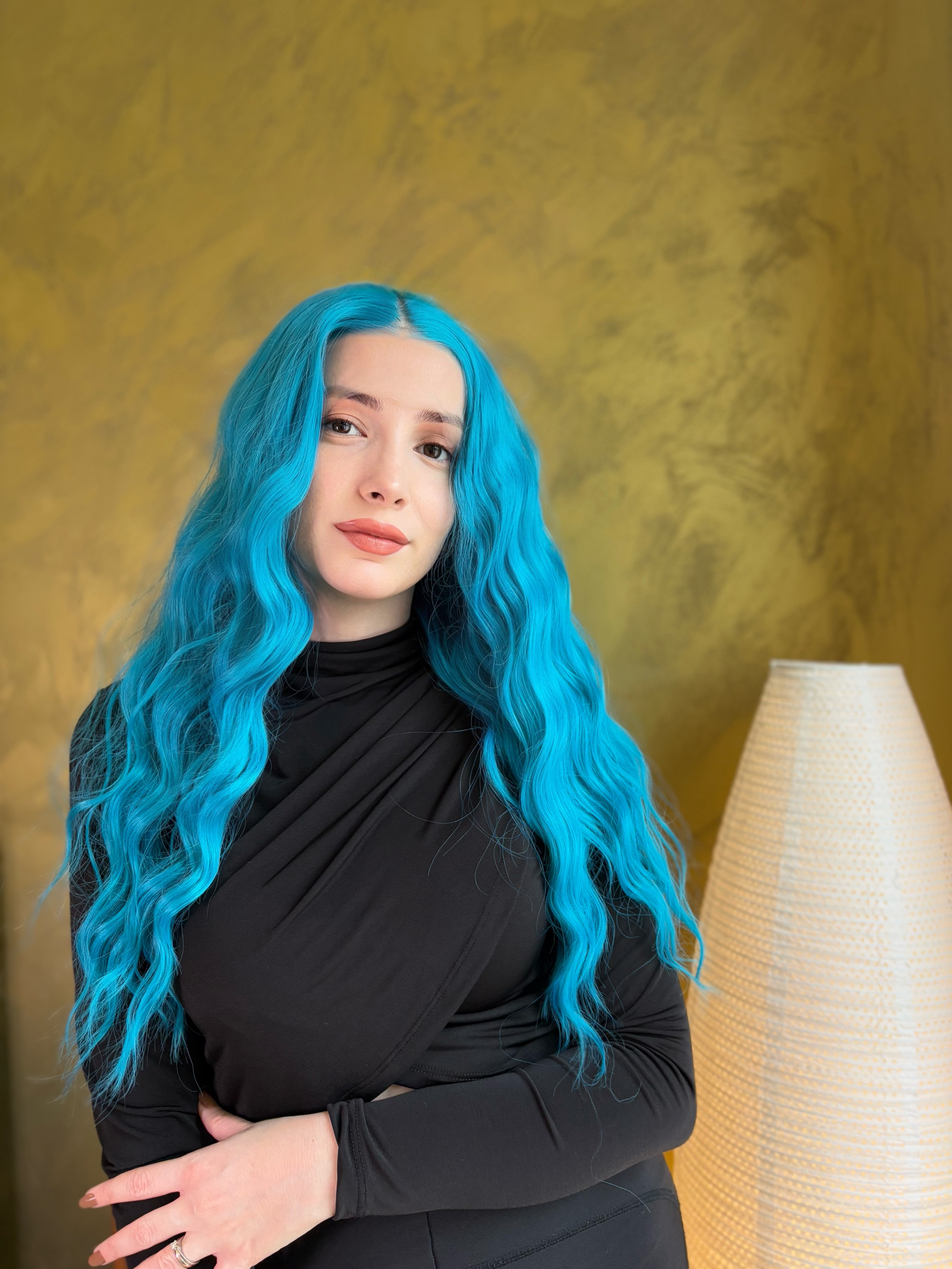 Turquoise Blue Long Wavy Lace Front Halloween Cosplay Wig
