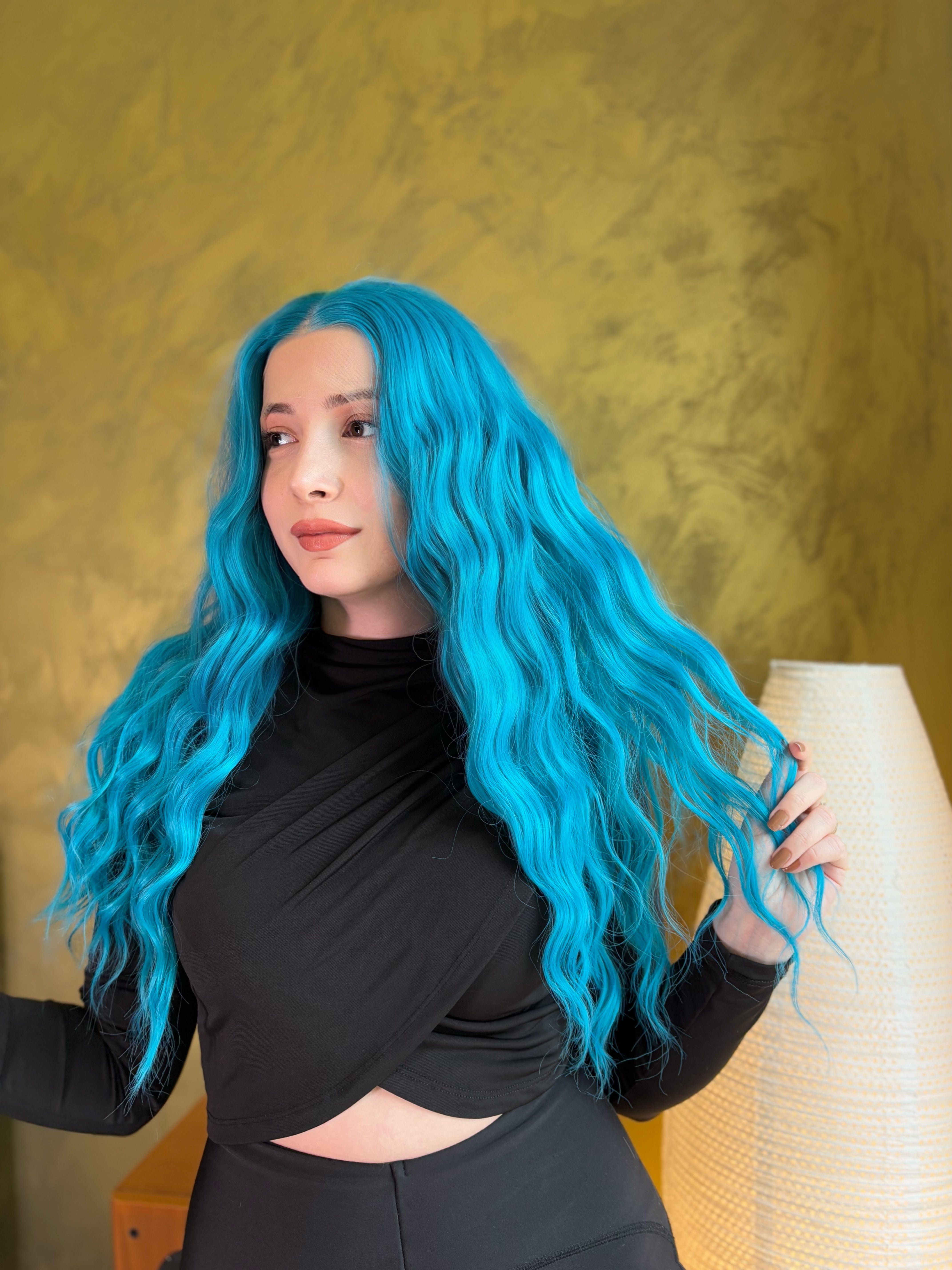 Turquoise Blue Long Wavy Lace Front Halloween Cosplay Wig