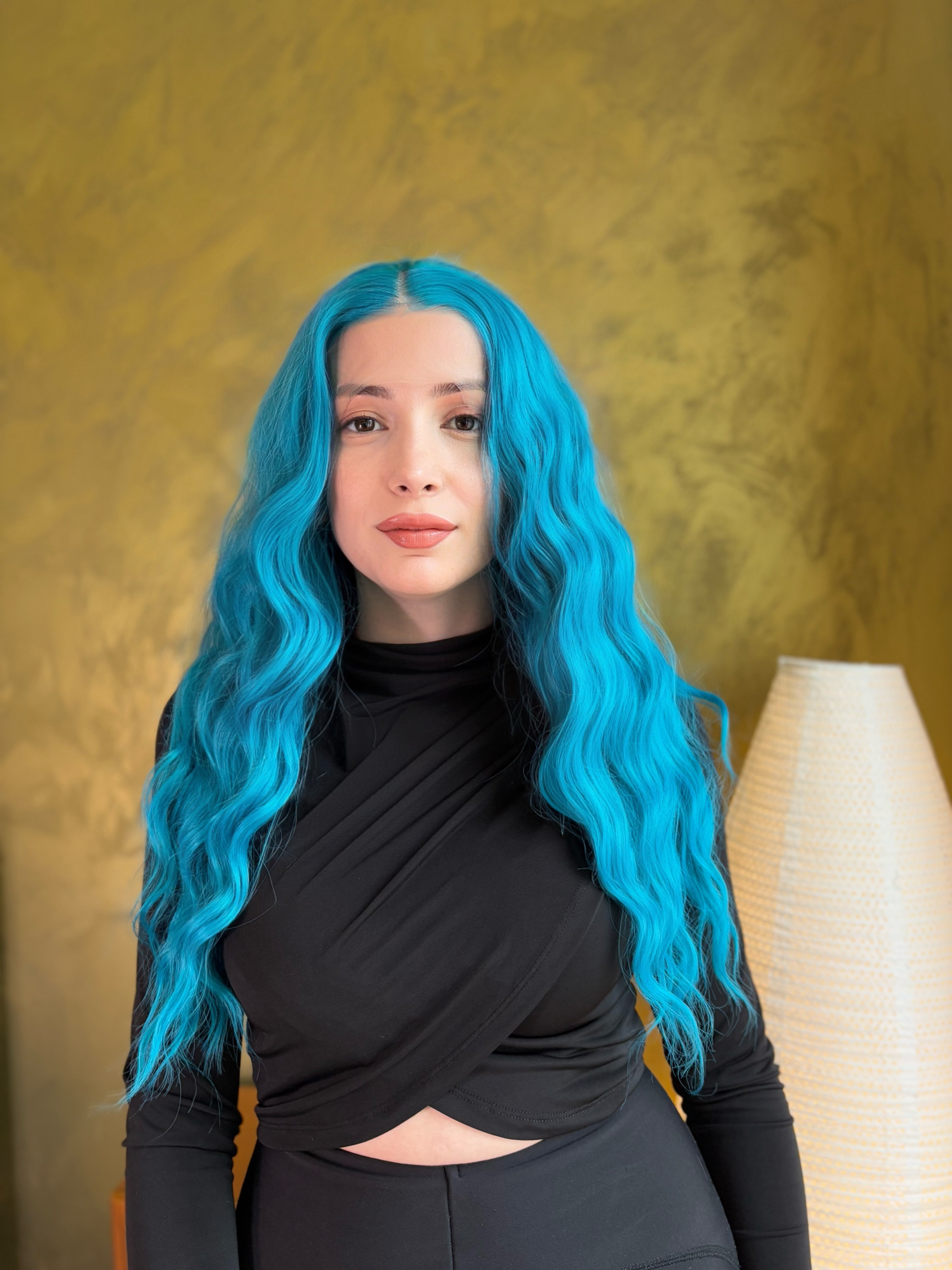 Turquoise Blue Long Wavy Lace Front Halloween Cosplay Wig
