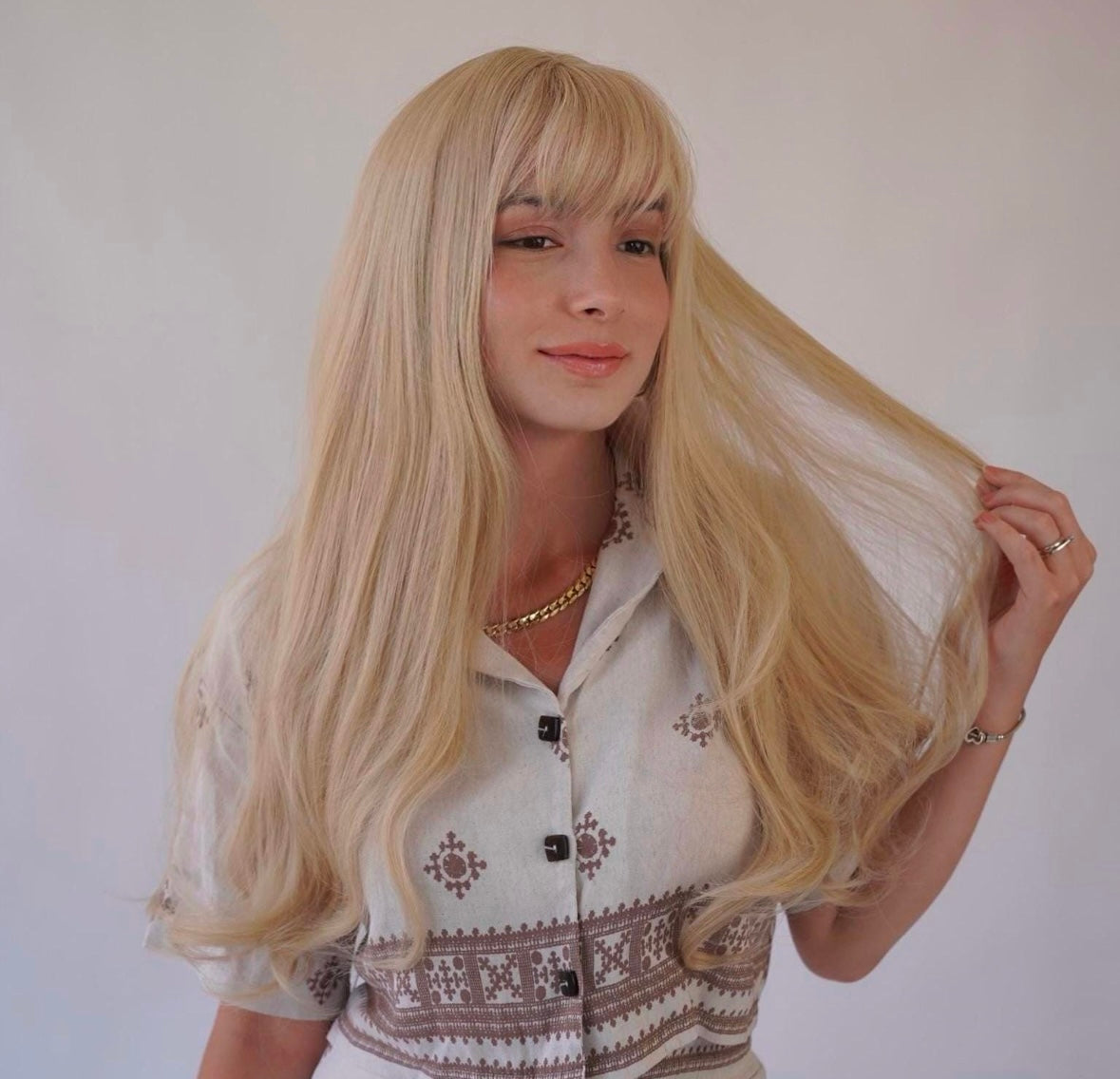 Platinum Ash Blonde Wig with Bangs Barbie Blonde Cosplay Wig Halloween Costume Wig Drag Queen Wig