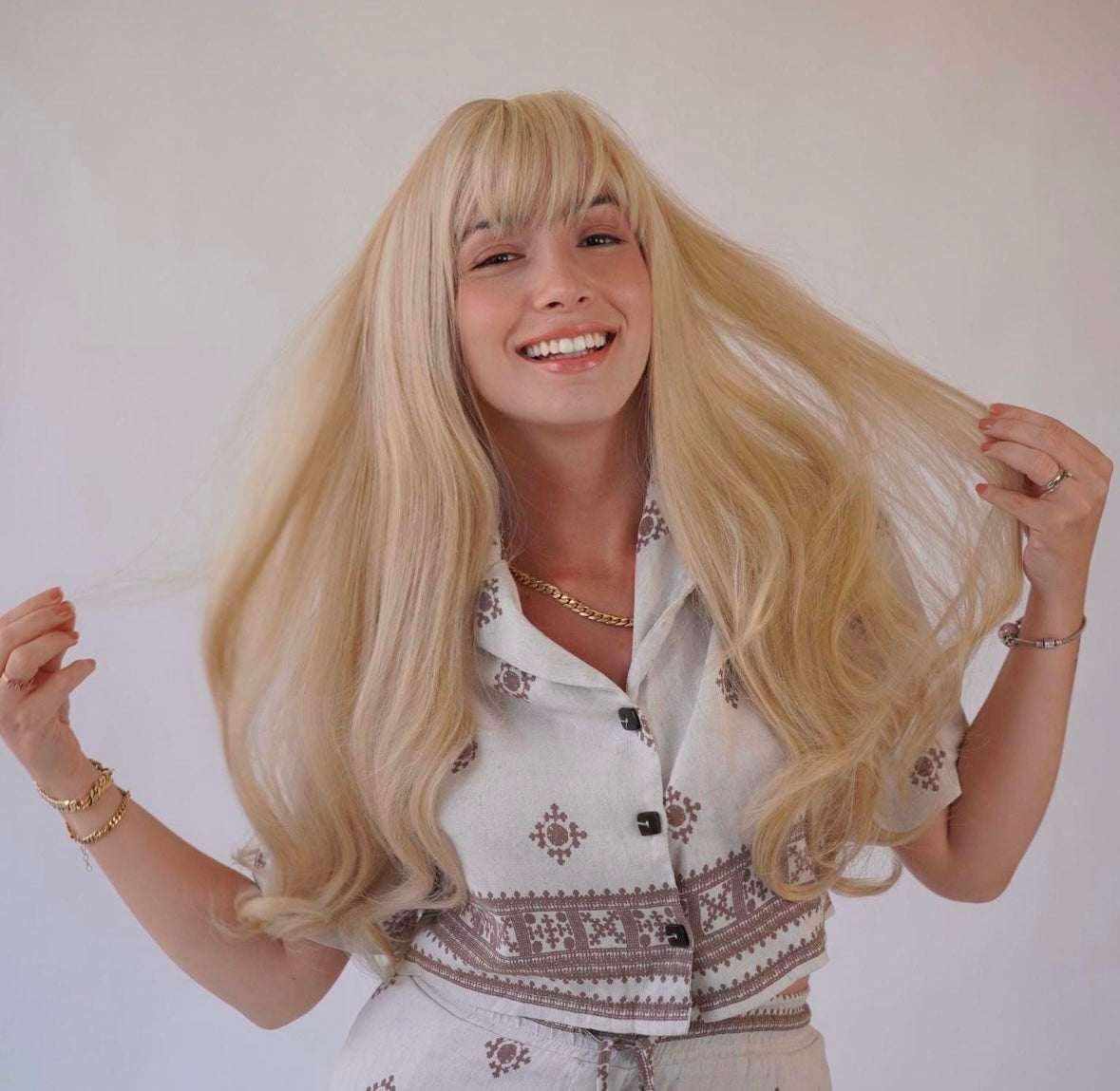 Platinum Ash Blonde Wig with Bangs Barbie Blonde Cosplay Wig Halloween Costume Wig Drag Queen Wig