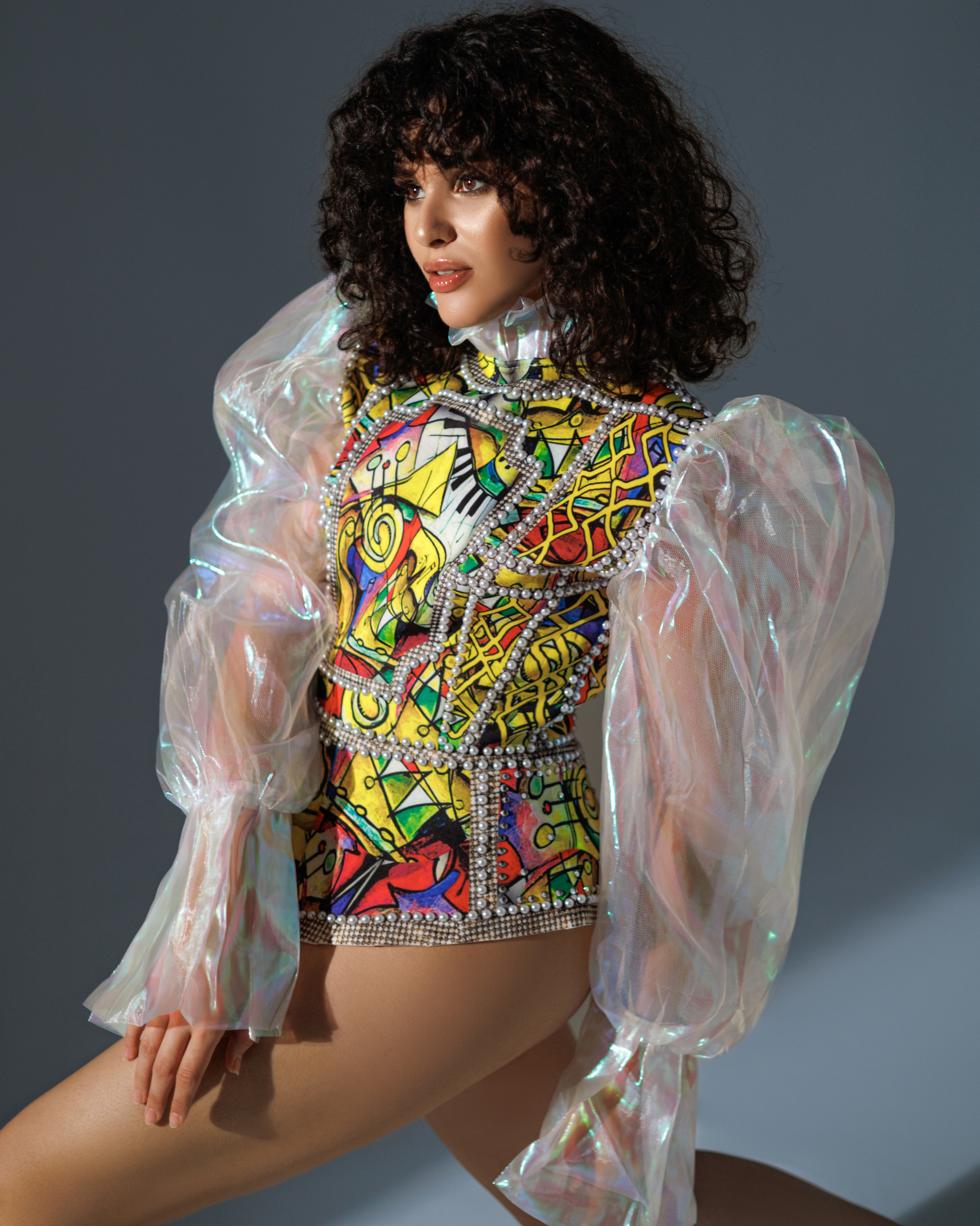 Puff Tulle Sleeve Jacket Bodysuit Look