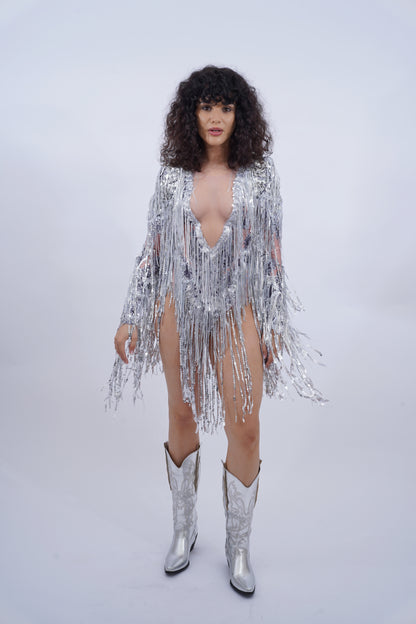 Silver Fringe Sheer Bodysuit