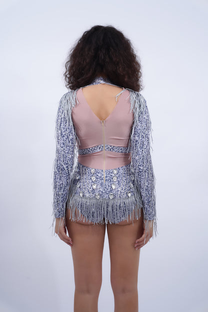 Silver Fringe Diamond High Neck Costume