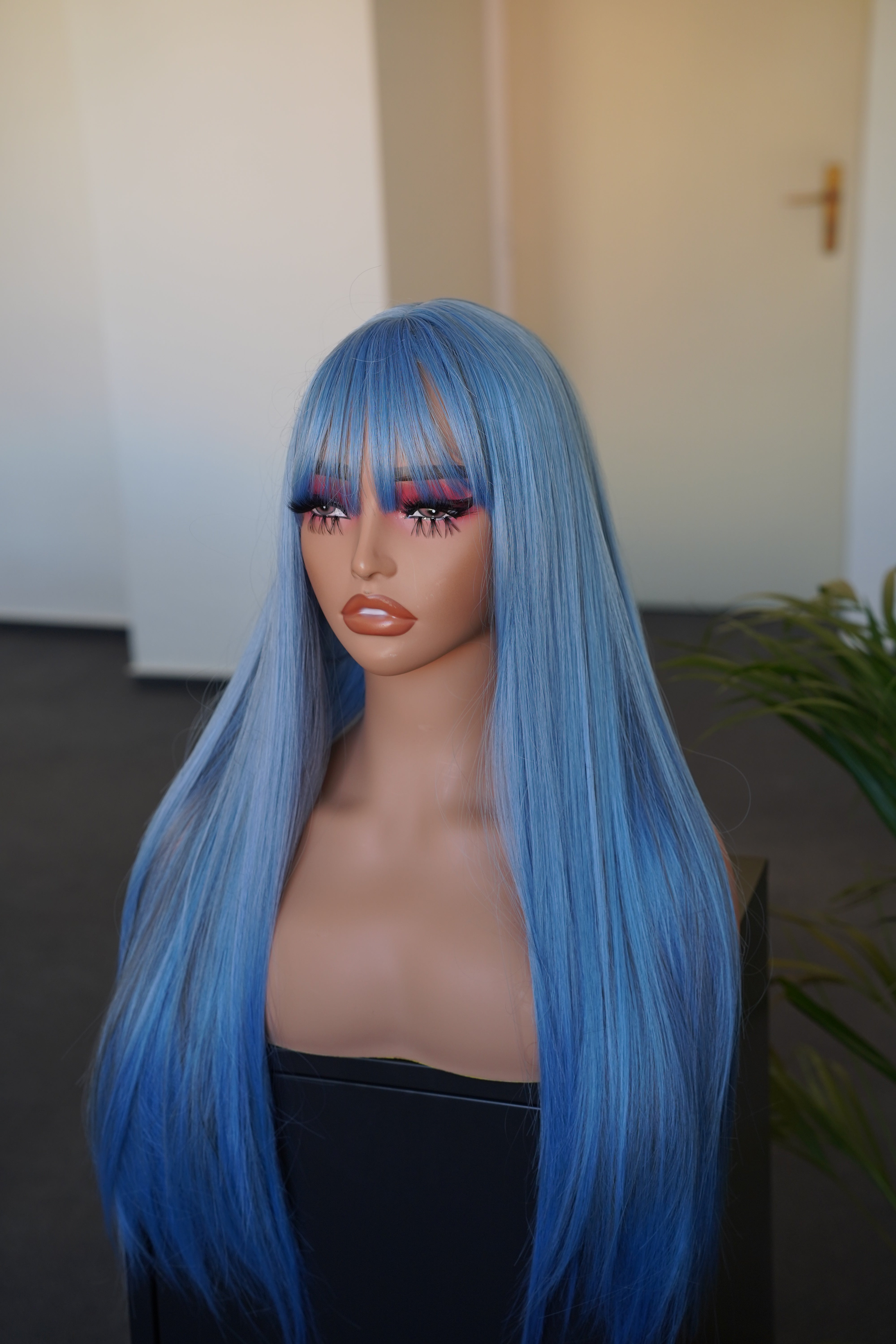 Long Straight Ash Blue Wig with Bangs Cosplay Halloween Party Wig