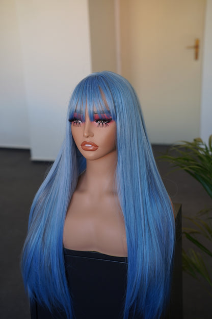 Long Straight Ash Blue Wig with Bangs Cosplay Halloween Party Wig
