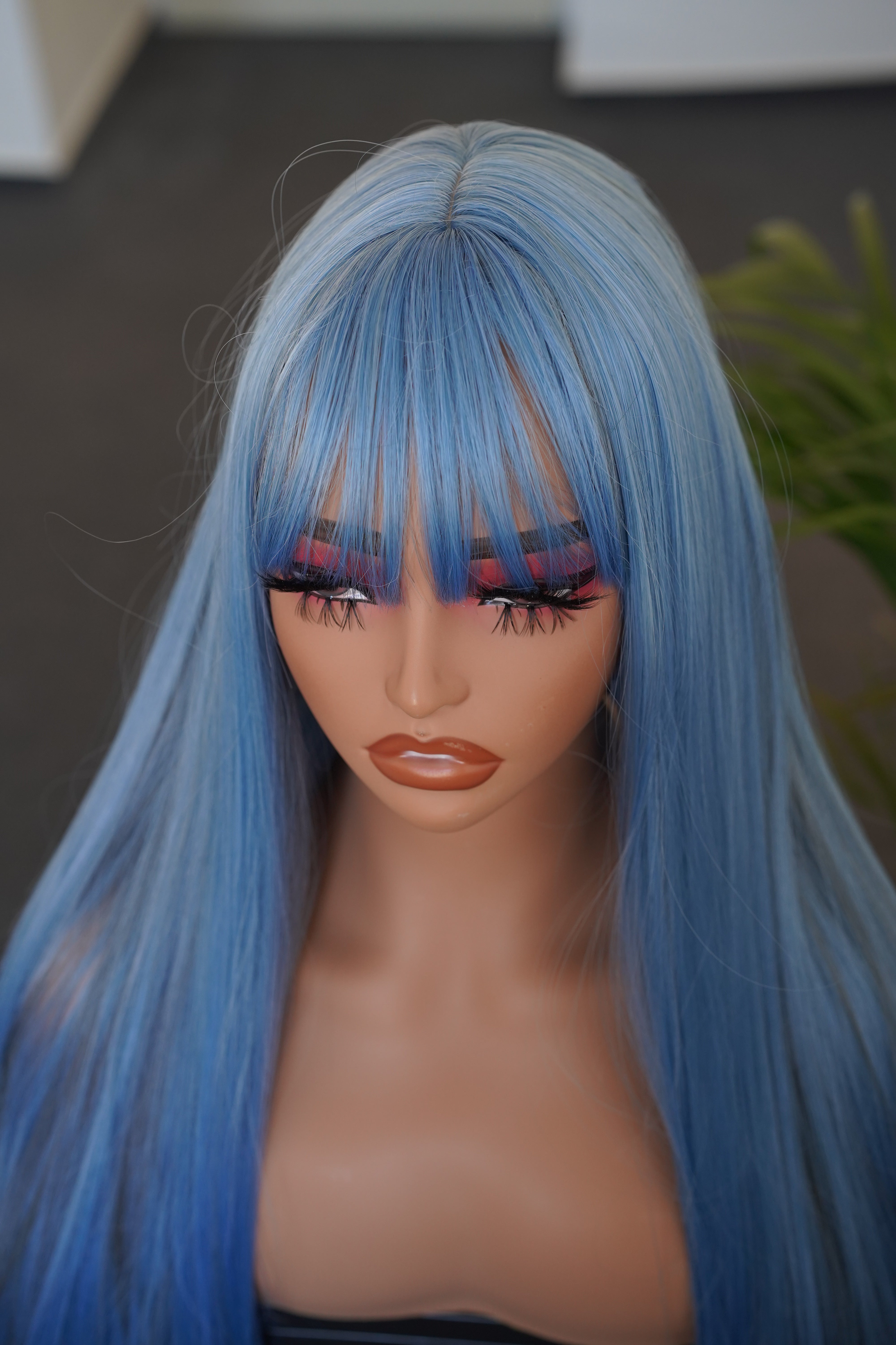 Long Straight Ash Blue Wig with Bangs Cosplay Halloween Party Wig