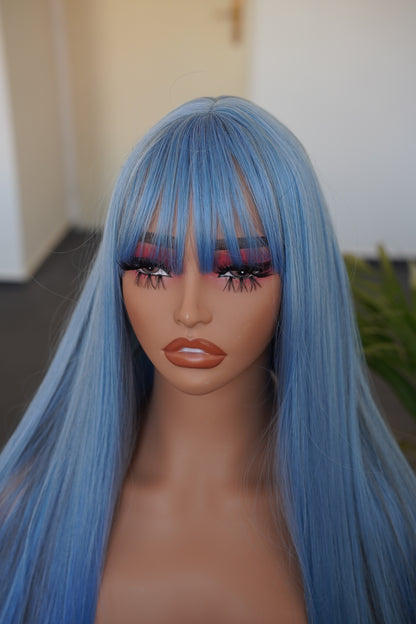 Long Straight Ash Blue Wig with Bangs Cosplay Halloween Party Wig