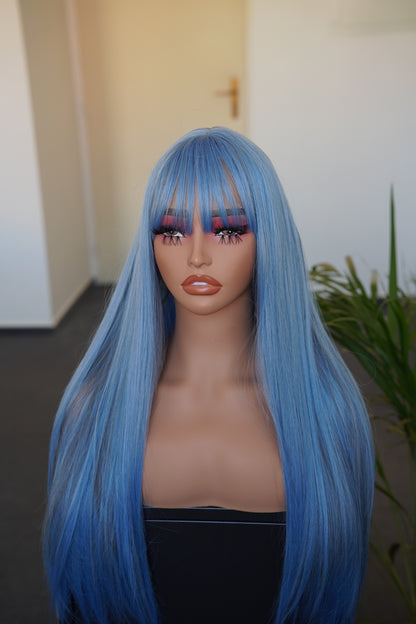 Long Straight Ash Blue Wig with Bangs Cosplay Halloween Party Wig