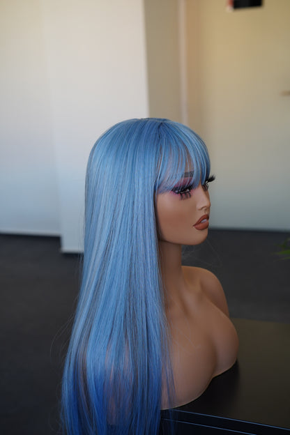 Long Straight Ash Blue Wig with Bangs Cosplay Halloween Party Wig