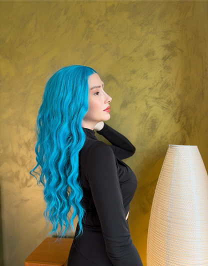 Turquoise Blue Long Wavy Lace Front Halloween Cosplay Wig