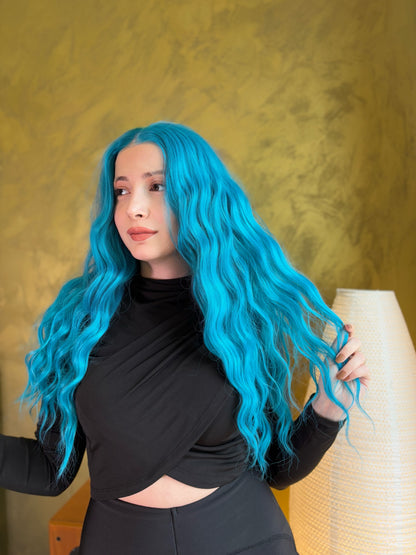 Turquoise Blue Long Wavy Lace Front Halloween Cosplay Wig