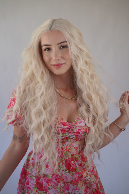 Long Curly Platinum Blonde Lace Front Wig Drag Queen Wig