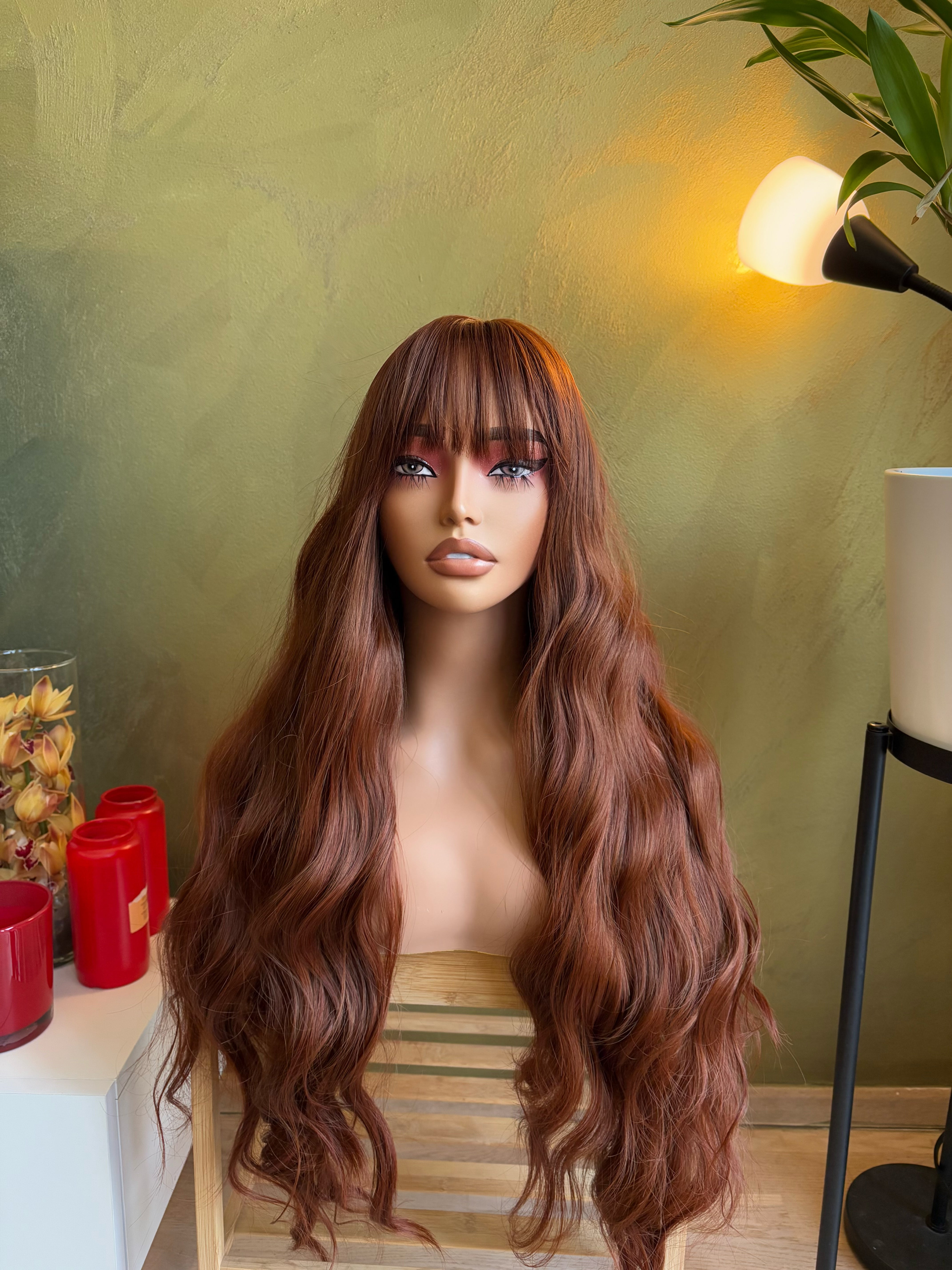 Long Wavy Copper Ginger Wig with Bangs Cosplay Wigs Drag Queen Wig