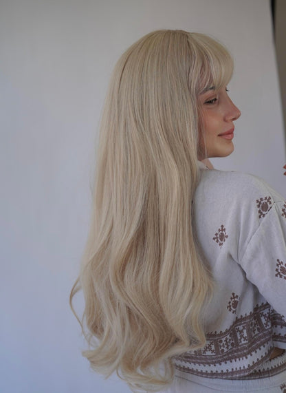 Platinum Ash Blonde Wig with Bangs Barbie Blonde Cosplay Wig Halloween Costume Wig Drag Queen Wig