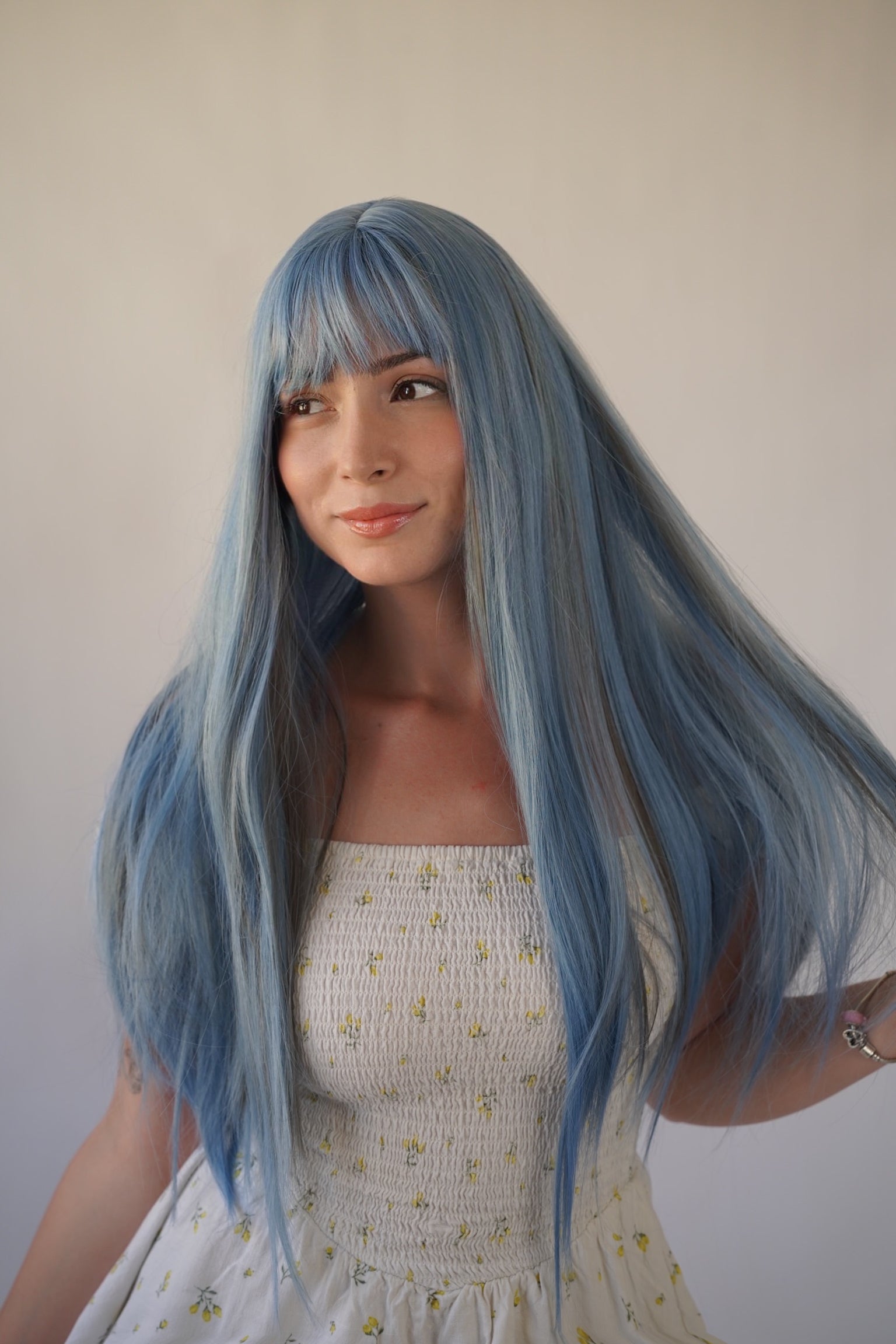 Long Straight Ash Blue Wig with Bangs Cosplay Halloween Party Wig