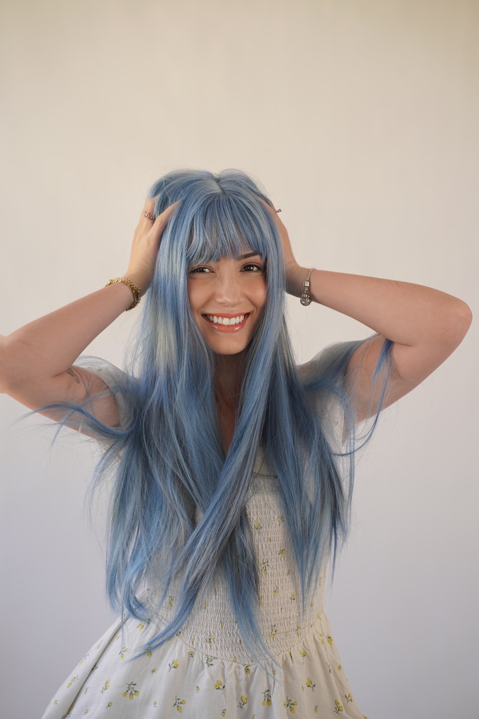 Long Straight Ash Blue Wig with Bangs Cosplay Halloween Party Wig
