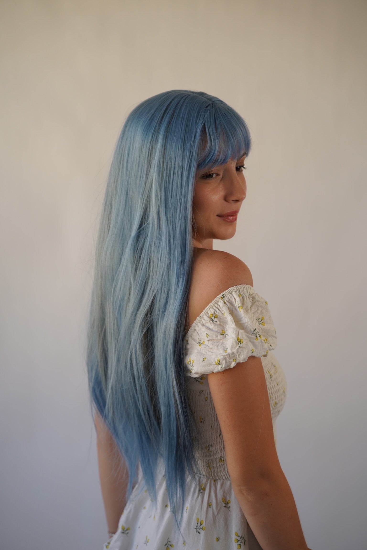 Long Straight Ash Blue Wig with Bangs Cosplay Halloween Party Wig