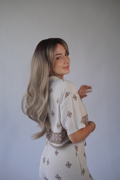 Ash Blonde Wig Long Wavy Wig Blonde Ombre Wig with Bangs Synthetic Wig