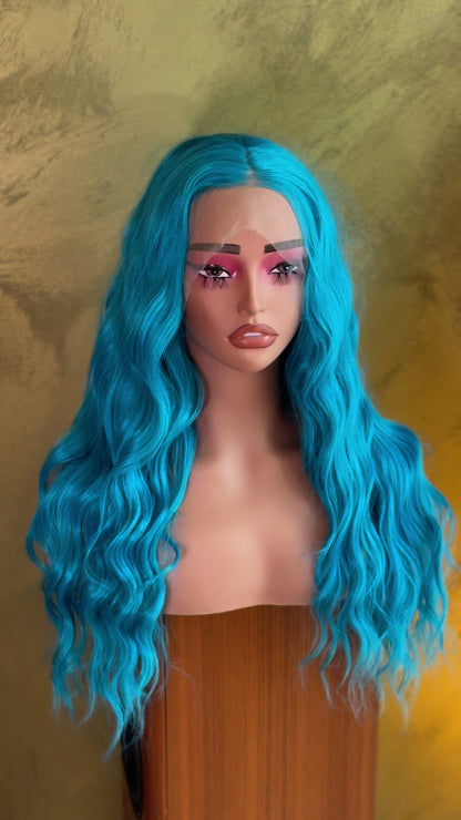 Turquoise Blue Long Wavy Lace Front Halloween Cosplay Wig