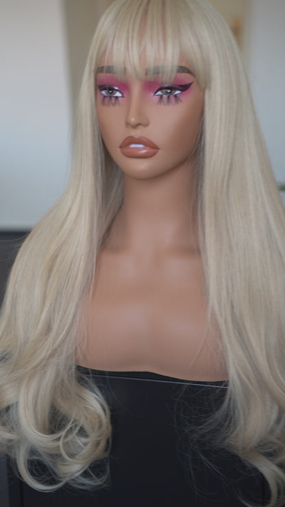 Platinum Ash Blonde Wig with Bangs Barbie Blonde Cosplay Wig Halloween Costume Wig Drag Queen Wig