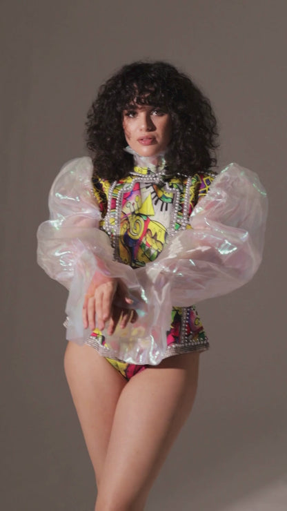 Puff Tulle Sleeve Jacket Bodysuit Look