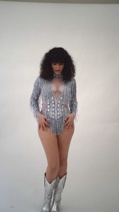 Silver Fringe Diamond High Neck Costume