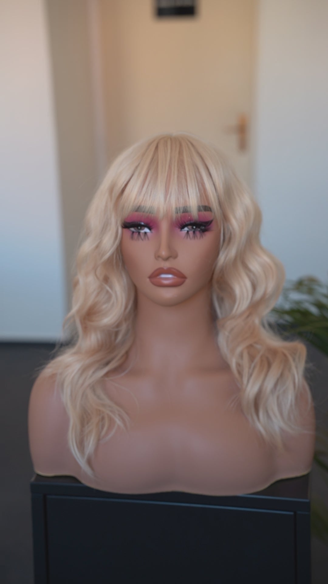 Load video: Golden Blonde Wavy Wig with Bangs, Ash Blonde Wig