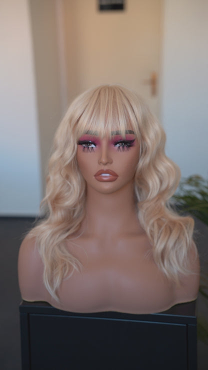 Golden Blonde Wavy Wig with Bangs, Ash Blonde Wig