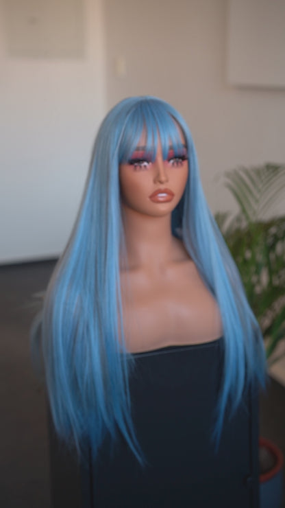Long Straight Ash Blue Wig with Bangs Cosplay Halloween Party Wig